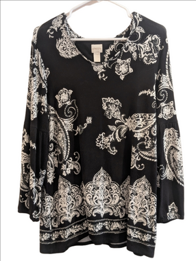 Chicos Black And White Paisley  Long Sleeves,Top , Tunic, Size Small.